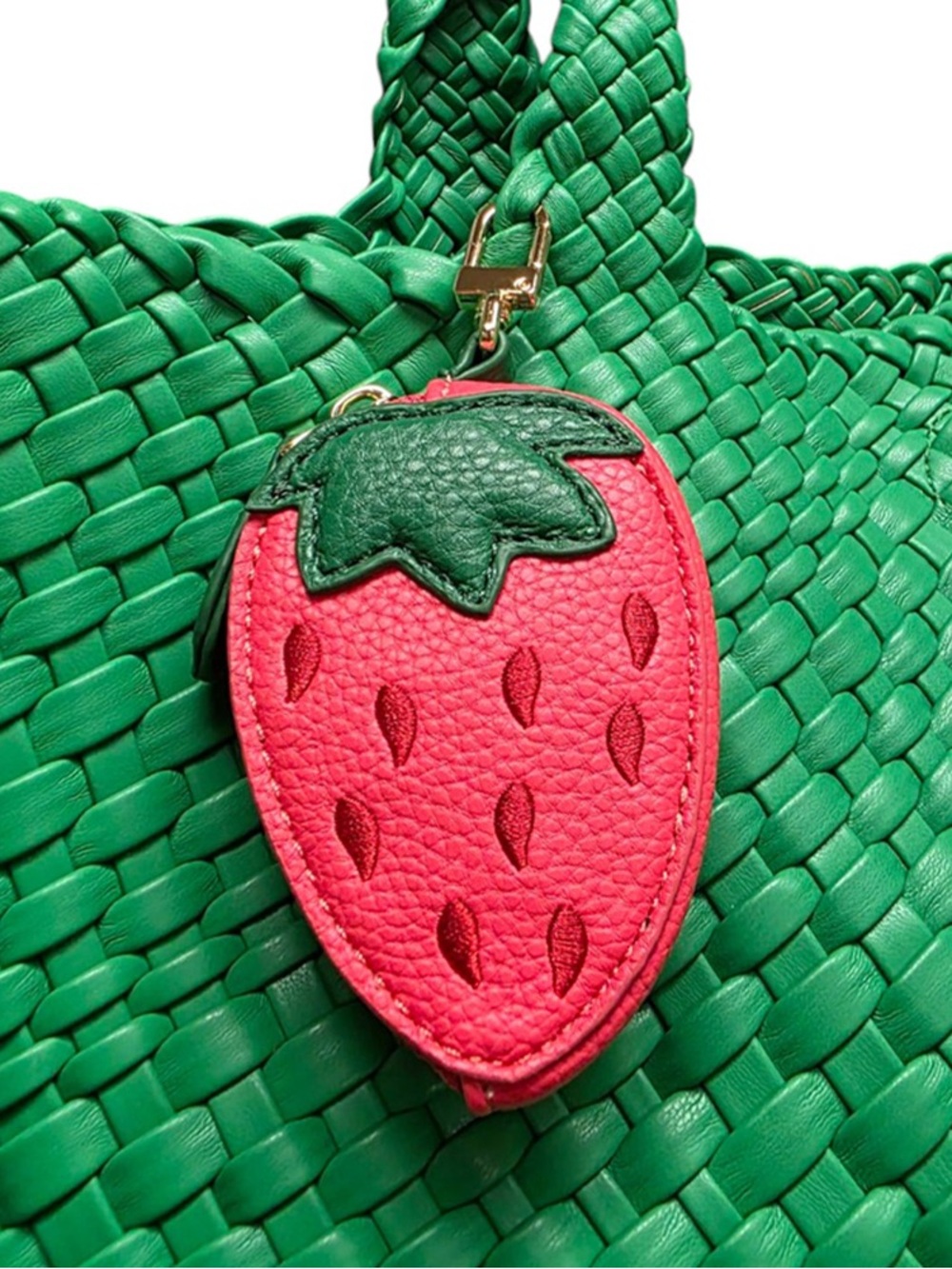 Green Woven Tote with Pink Strawberry Charm